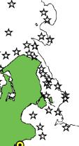 FIGUR. Syrebristsituationen under perioden augusti-november i resund. Gula symboler indikerar lindrig syrebrist (- ml/l). Röd färg indikerar akut syrebrist (< ml/l).