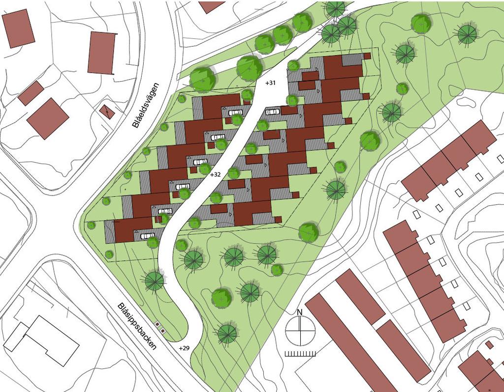 4 (7) S-Dp 2007-38244-54 Hustyp B Hustyp A Situationsplan Bebyggelseutformning Den nya bebyggelsen består av radhus i två våningar och ligger i ett kuperat