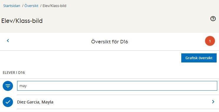 Välj en klass eller grupp. Klicka på raden för önskad elevs namn. Eventuella registrerade vuxenkontakter för eleven visas på sidan. Välj Grafisk översikt.