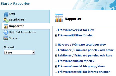 De uppgifter som visas i rapporten är Kurskod, Kursnamn, Antal tillfällen, Lektionstid, Rapporterad lektionstid, Rapporterad närvarotid, Rapporterad närvaro (%), Avbrott Kurs, Från och med Till och