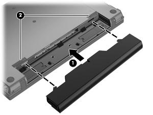 2. Skjut in batteriet i batteriplatsen (1) tills batteriets frikopplingsmekanismer (2) automatiskt låser batteriet på plats. Så här tar du ut batteriet: 1.