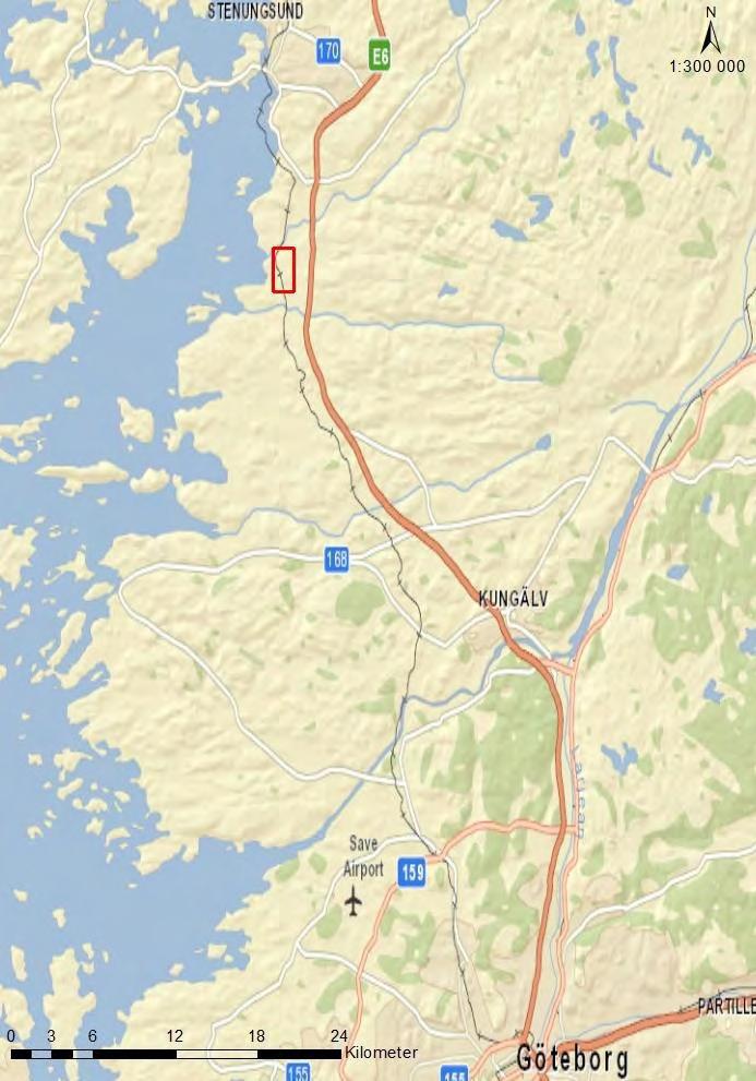 Figur 1. Översiktskarta. Den röda markeringen visar läget för Kvarnhöjden (ESRI, 20