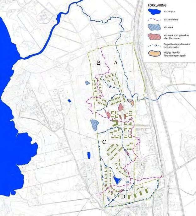 Vattenmiljö och miljökvalitetsnormer Planförslaget innebär att skogsmark kommer att bebyggas och områden hårdgöras. Ytan som bidrar till dagvattenavrinningen ökar med ca 6,6 hektar.