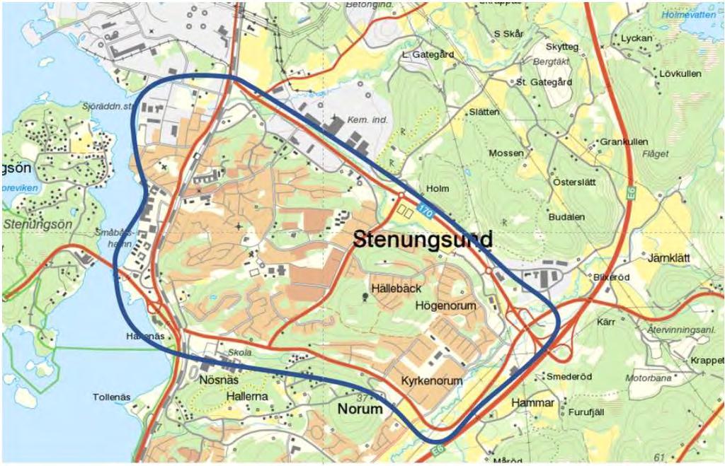 Figur 2 Utredningsområdet 4.1 Vägnätet Stommen i vägnätet inom den centrala tätorten utgörs av en huvudled, Göteborgsvägen, som kopplar ihop kommunen i nord-sydlig riktning.