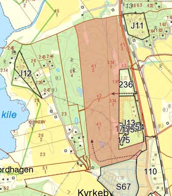 Detaljplan för bostäder och förskola på Kvarnhöjden, Kyrkeby 4:2 (tidigare del av 4:1) m.fl. Tillfarter genom befintliga detaljplaner, markerade med streckade pilar. Planområdet rödskuggad yta.