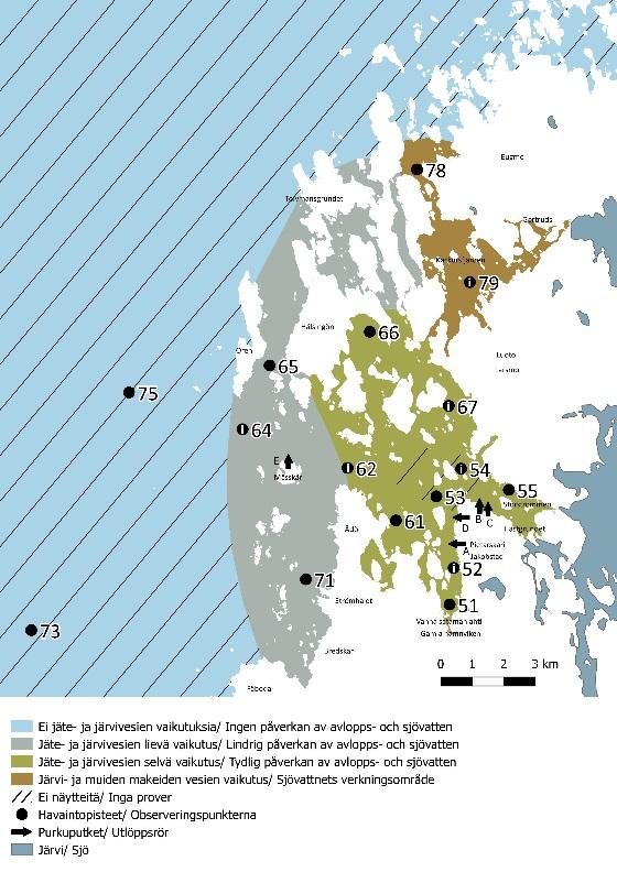 Figur 10. Uppskattning av avlopps- och sjövattnets utbredningsområden i mars 2018. (från alla punkter finns inte prov på grund av dåliga isförhållanden).