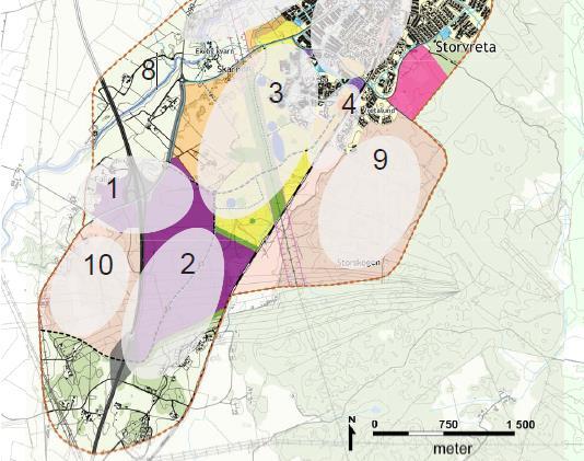 Utdrag från FÖP Storvreta avseende utveckling av delområden (sid 45). Planområdet markerat med en svart streckad linje.
