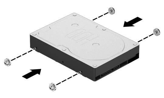 HP tillhandahåller fyra extra metallfärgade monteringsskruvar som sitter bredvid hårddiskarna som används för att installera en hårddisk i det övre facket.