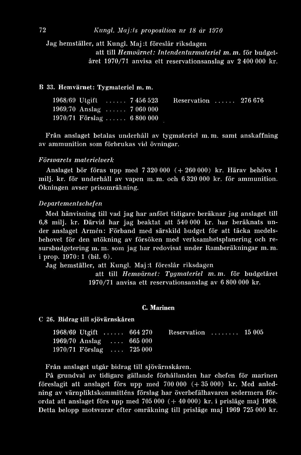 .. 7 060 000 1970/71 Förslag... 6 800 000 Från anslaget betalas underhåll av tygmateriel m. m. samt anskaffning av ammunition som förbrukas vid övningar.