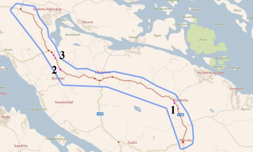 4.6.3 Väg 1120 Figur 44. Karta från EVA, väg 1120, där varje siffra representerar en genomförd åtgärd (Data från Trafikverkets analysverktyg EVA, 2019).