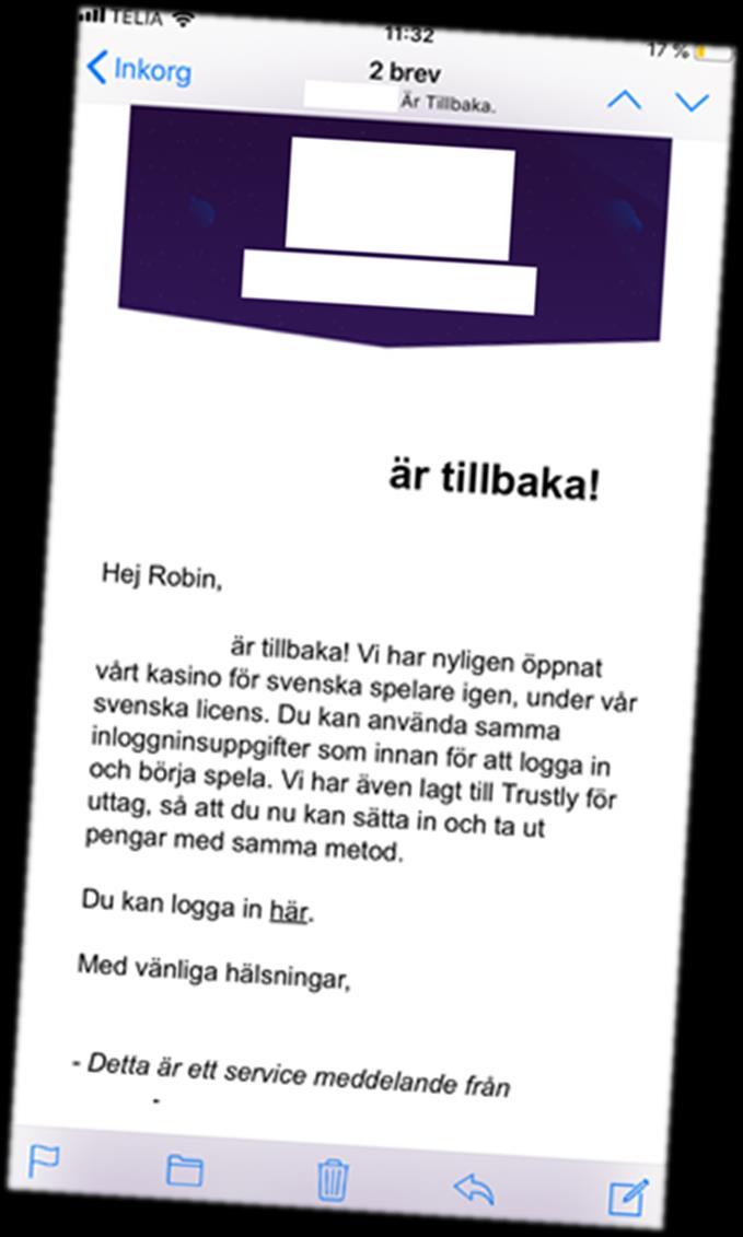 Särskilt om direktmarknadsföring 15 kap. 2 spellagen Marknadsföring får inte riktas direkt till en spelare som har stängt av sig från spel.