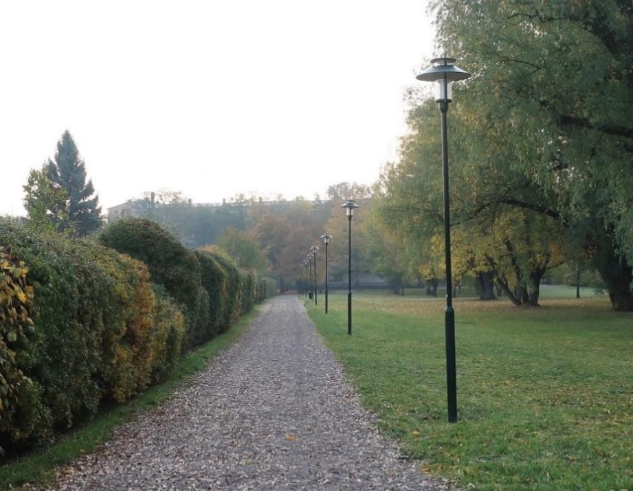 Sida 7 (12) Vårflodsparken med planområdet i fonden. Enskedefältets skola skymtar fram med sitt tak i bakgrunden.