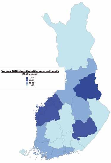 S T U D E N T E X A M E N 2 0 1 0 41 FIGUR 3.1.5 Andel studenter av den 18 20-åriga befolkningen landskapsvis år 2010.