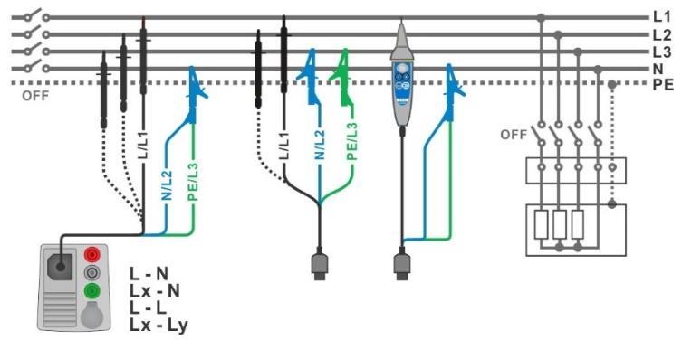 Metrel Ml 3155 Snabbguide mätning Eurotest XDe 4 Fig. 4.7: Anslutning med 3-ledar testledningar och Tip commander (U N 1 kv) Gå till R iso funktionen. Ställ in testparametrar / gränser.