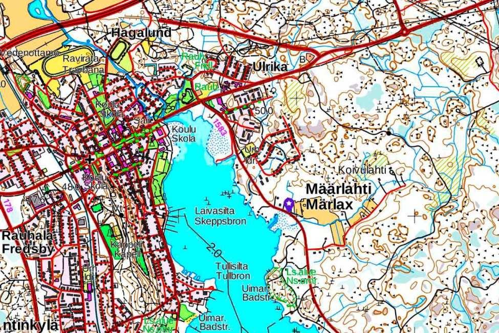 från 1778, kvar på samma ställe. Landsvägen från Konungens kartverk finns inte i kartan från 1832, men nog mindre stigar som slingrar fran i skogen mellan Märlaxviken och Stora strandvägen.