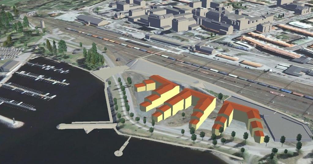 Ludvika Kommun Planbeskrivning Väsmanstrand Sida 14(34) llustration till Vision Väsmanstrand. Bostadshusen sedda i fågelperspektiv utifrån sjön Väsman.