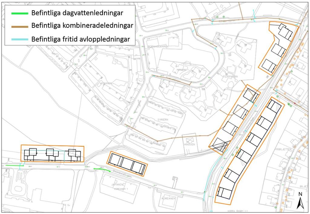 Figur 10 Befintliga dagvattenledningar (grön) inom utredningsområde.