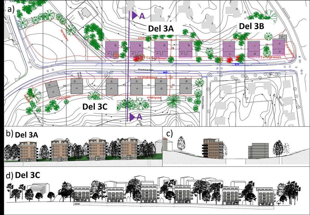 Figur 14 a) Situationsplan, b) delområde 3A sett från öster, c) delområde 3A och 3C sett från söder, d) delområde 3C sett från väster.