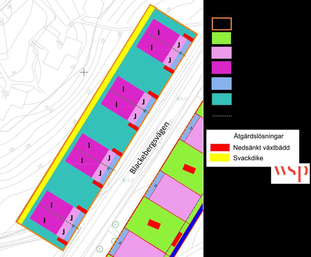DELOMRÅDE 3A Figur 3 Placering av föreslagna dagvattenåtgärder utifrån behov av fördröjning för delområde 3A med markerade takytorna enligt Tabell 3.