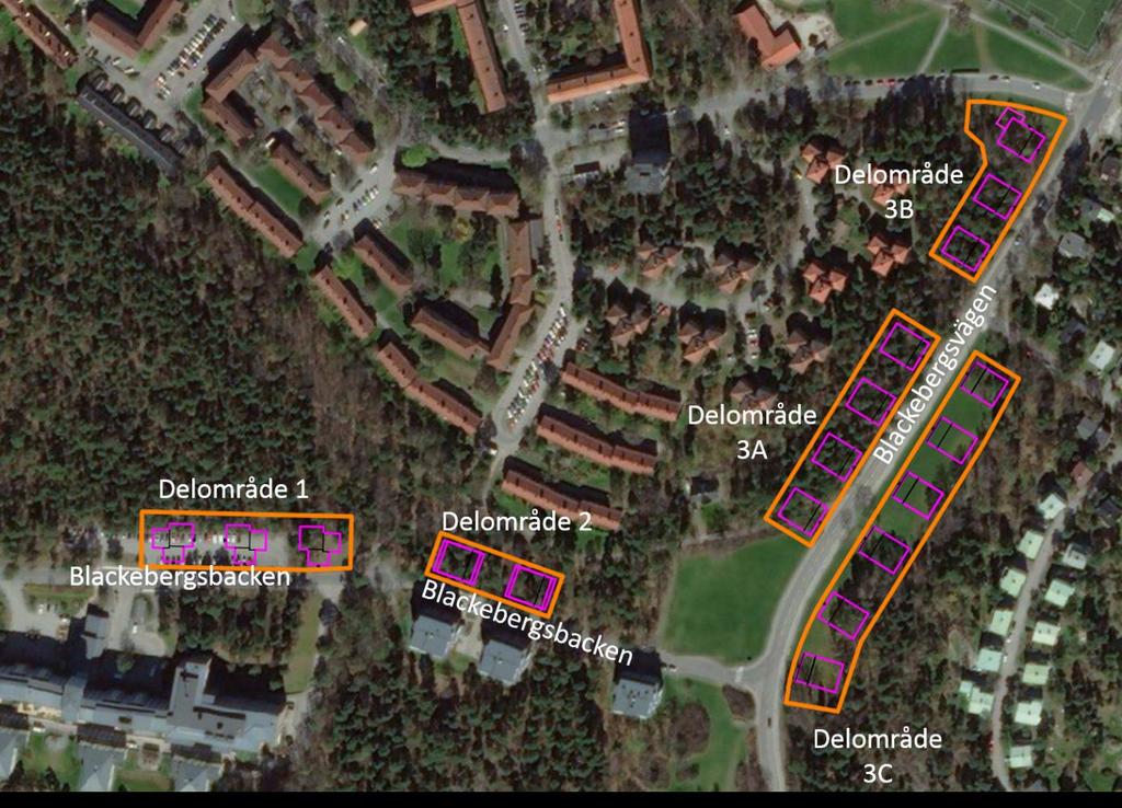 Figur 2 Situationsplan över planerad bebyggelse med indelning i Delområde 1, 2, 3A, 3B och 3C.