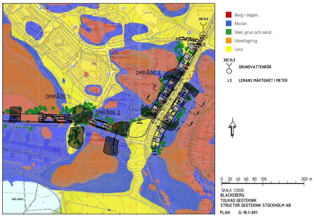 2.2 GEOLOGISKA FÖRHÅLLANDEN Enligt Structors geotekniska utredning (2018) utgörs delområde 1 sannolikt av berg i dagen i den norra delen, fyllning på berg i läget för befintlig parkeringsyta och av