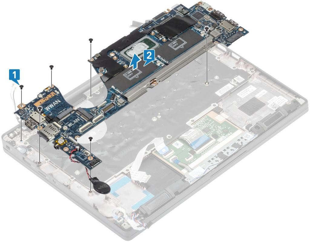 Installera moderkortet 1. Rikta in och placera moderkortet förinstallerat med DDR ESD-fäste i handledsstödsenheten [1] 2.