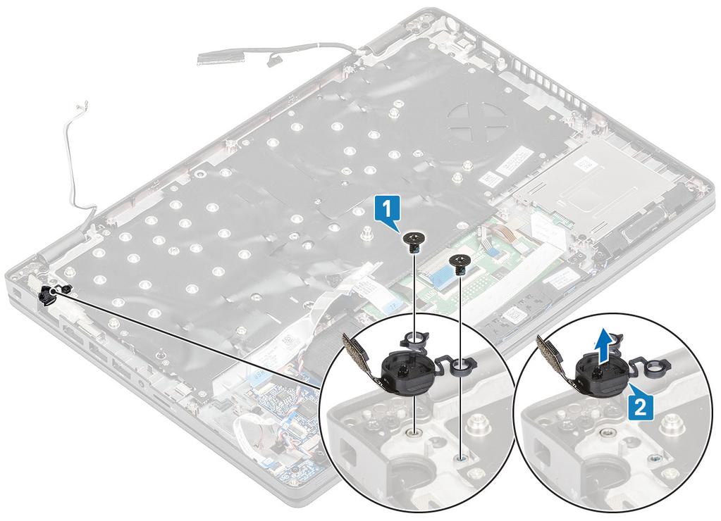 4. Ta bort batteriet. 5. Ta bort högtalaren. 6. Ta bort minnesmodulen. 7. Ta bort DC-in. 8. Ta bort WLAN-kortet. 9. Ta bort moderkortet. OBS Systemkortet kan tas bort med kylfläns enhet fastsatt. 10.