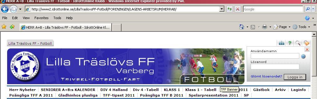 1 Lathund till hemsideanvändning Lilla Träslövs FF 2012 Inloggning på hemsidan: Klicka på låsikonen längts upp till höger på hemsidan och logga in med dina inloggningsuppgifter.