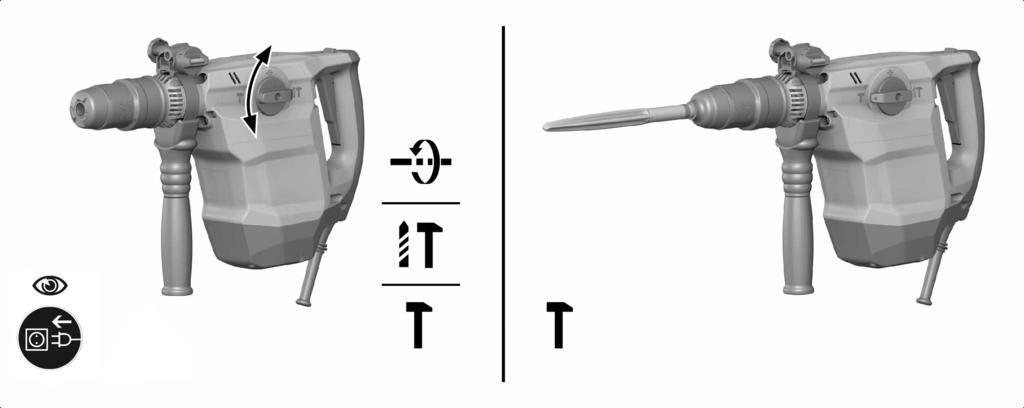 5.3.1 Mejsling Ställ funktionsväljaren i läget mejsling. 5.3.2 Koppla till/från kontinuerlig drift Medan mejslingen pågår kan du låsa fast på/av-knappen i intryckt läge. 1.