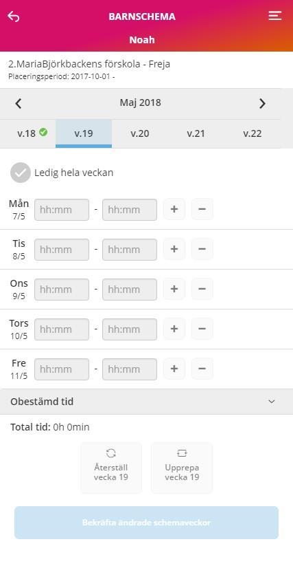Sida 7/13 Generella funktioner som gäller för båda vyerna: Total tid anger hur mycket schematid som har registrerats för veckan.