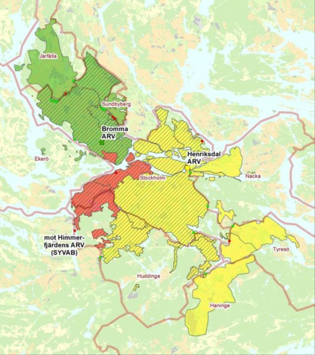 Stockholm Vatten och Avfall Miljörapport 2018 6 (39) Figur 3. Avloppsreningsverkens upptagningsområden - grönt, gult, rött.