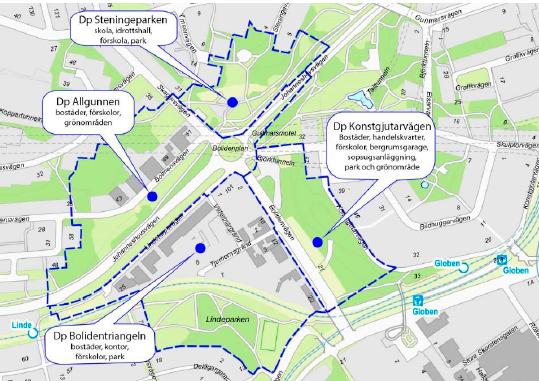 Uppdelningen av detaljplaner i Årstastråket 3. AB Stockholmshems projekt Bolidentriangeln markerat med rött.