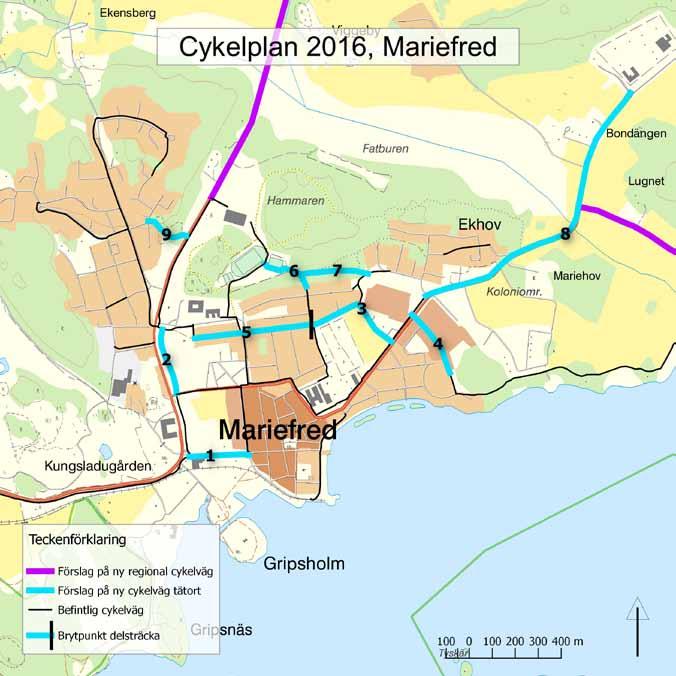 6.2 Mariefred Mariefreds behov av nya cykelvägar framgår av tabellen nedan och kartan. Cykelplan 2016 för Strängnäs kommun / 37 Objekt Längd Kostnad 1.