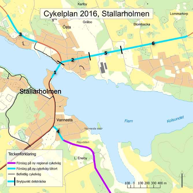 Cykelplan 2016 för Strängnäs kommun / 39 6.4 Stallarholmen Stallarholmens behov av nya cykelvägar framgår av tabellen nedan och kartan.