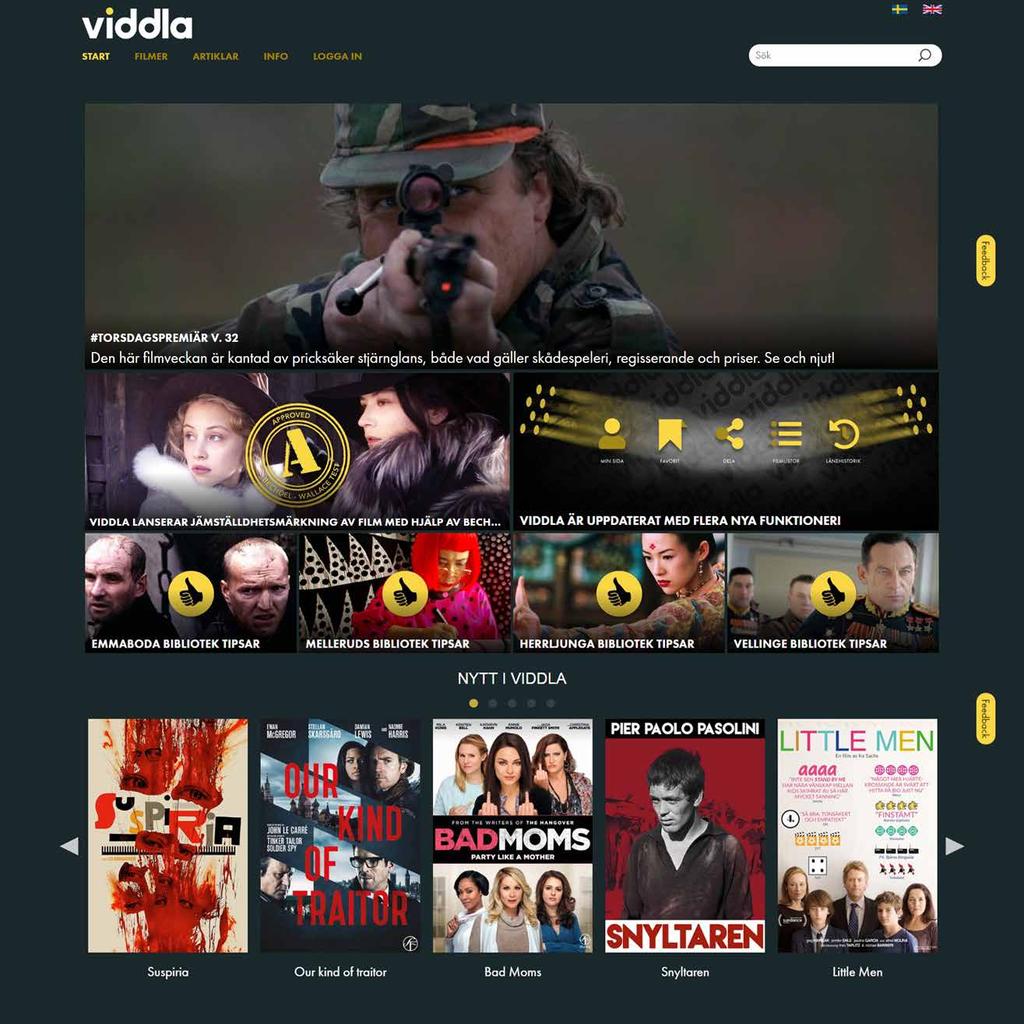 STARTSIDAN MENYN Enkel och överskådlig meny: START, FILMER, ARTIKLAR och INFO. SPRÅKSTÖD Information på både svenska och engelska.