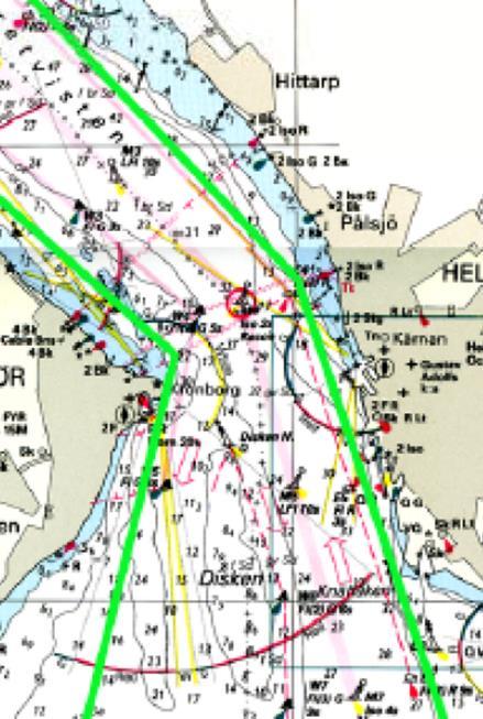 Passage av Helsingborg Helsingör: Absolut förbjudet att segla i trafiksepareringen. All segling skall ske i resp. kusttrafikzon enligt sjökort. Detta illustreras med grön markering på skiss nedan: 10.