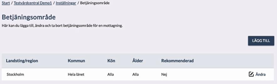 Inställningar Lägg till betjäningsområde