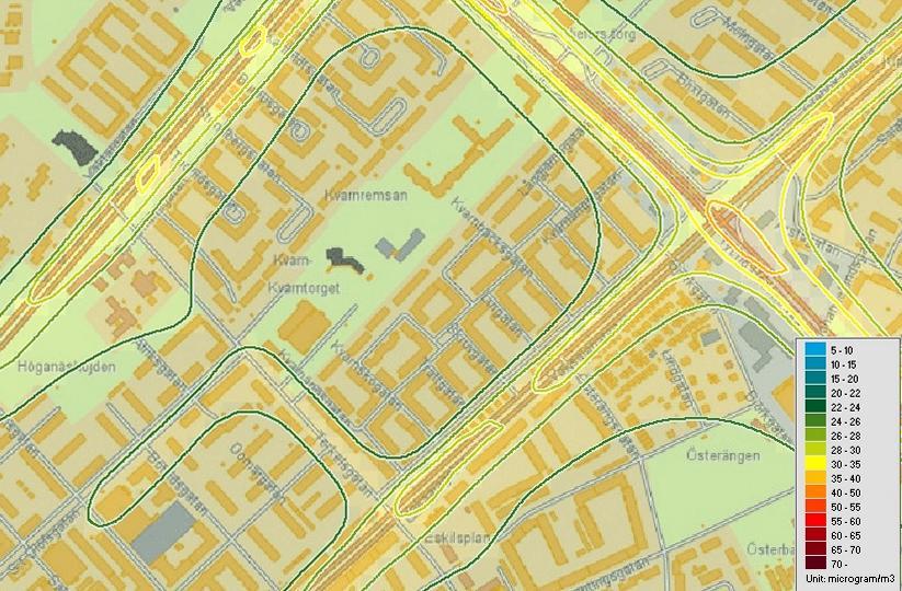 Figur 10 Beräknade halter av PM10 som 90-percentil dygn för år 2015. Längs de mest trafikerade gatorna, t.ex.
