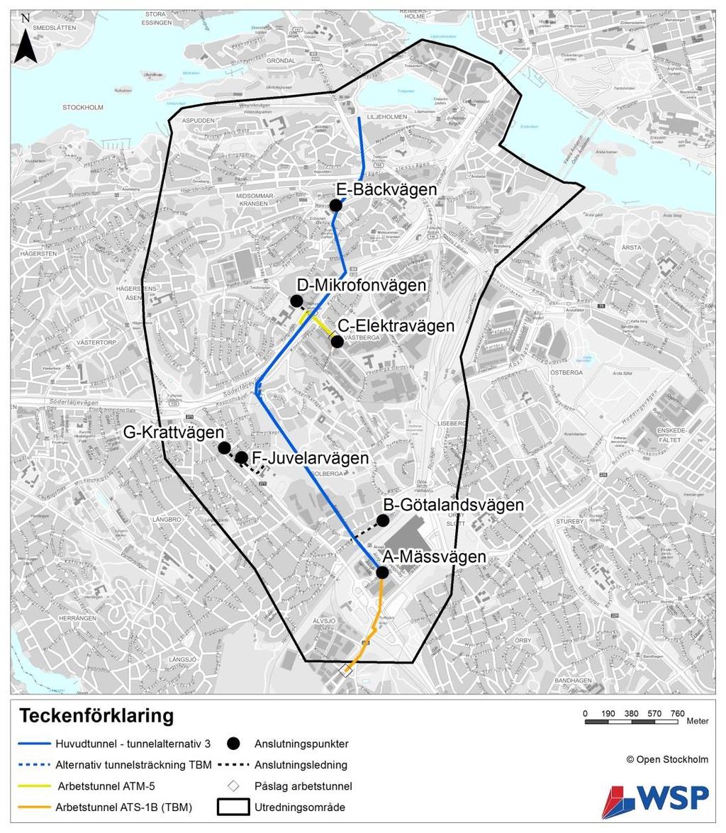 Tunnelalternativ 3 Tunnelalternativ 3 har i stort sett samma sträckning som alternativ 2 (se figur D) men med olika dragning vid Solbergaskogen och E4/E20 samt med annan arbetstunnel.