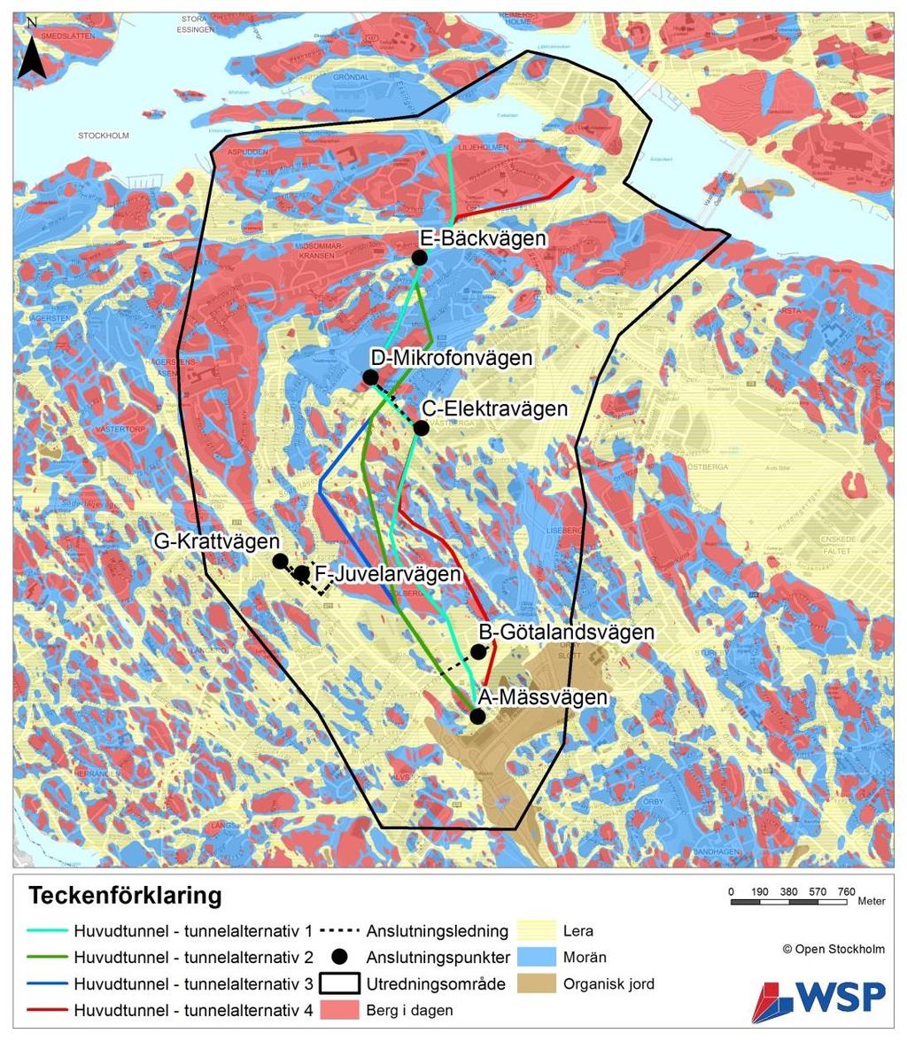 Figur A. Alla fyra valda tunnelalternativ. Samtliga tunnelalternativ startar vid Mässvägen söder om Älvsjö Gård. Mässtunneln avslutas vid Liljeholmen, där den ansluter till SFAL-tunneln.