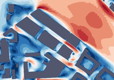 Figur 11: Vindens förstärkning (F) vid vind från nordväst (315 o ) på fotgängarnivå