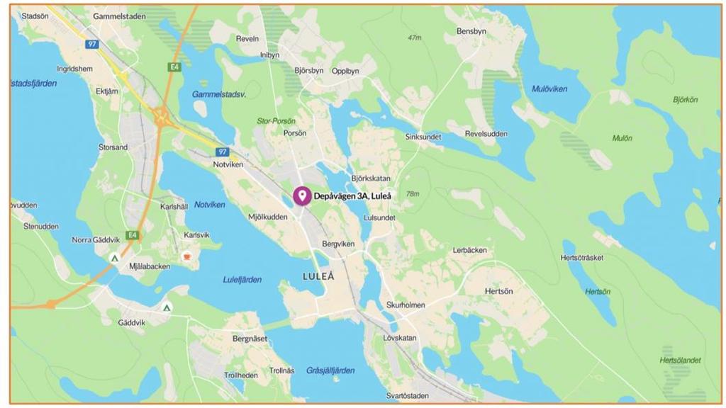 Fastigheten ligger i Porsödalens industriområde cirka en kilometer från Luleå centrum. Goda kommunikationer båda via bil, buss samt cykel.