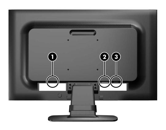 Komponenter på baksidan Bild 3-2 Komponenter på baksidan Komponent Funktion 1 Strömkontakt (AC) Ansluter strömsladden till bildskärmen.