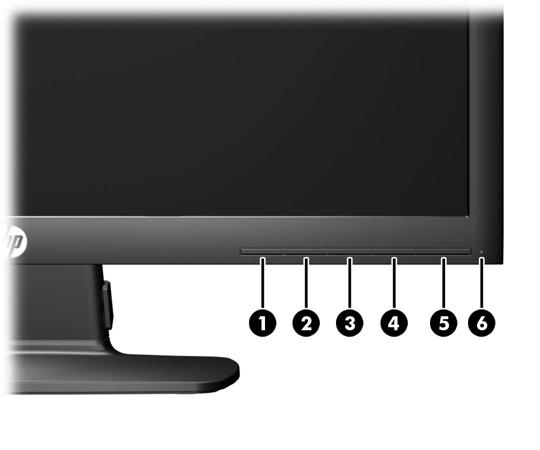Frontpanelens kontroller Bild 4-1 Kontroller på bildskärmens frontpanel Tabell 4-1 Kontroller på bildskärmens frontpanel Kontroll Funktion 1 Meny Öppnar, väljer och avslutar skärmmenyn.