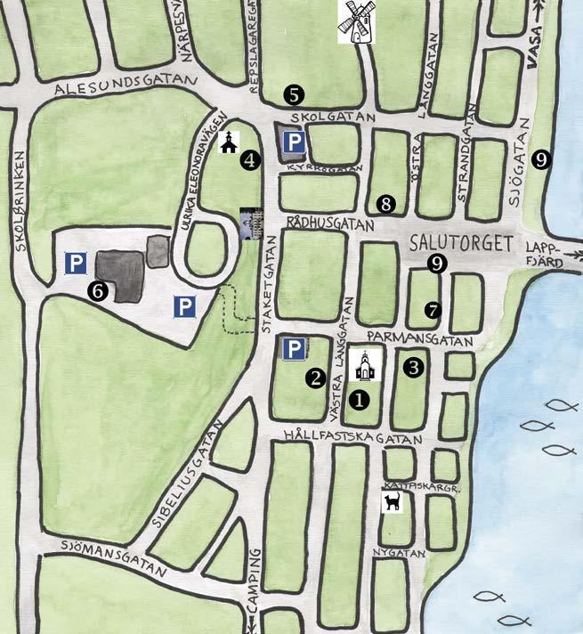 Karta 1. Kyrkan 2. Svenska församlingshemmet 3. Finska församlingshemmet och magasinet 4. Ulrika Eleonora kyrka 5. Svenska lågstadiet 6.