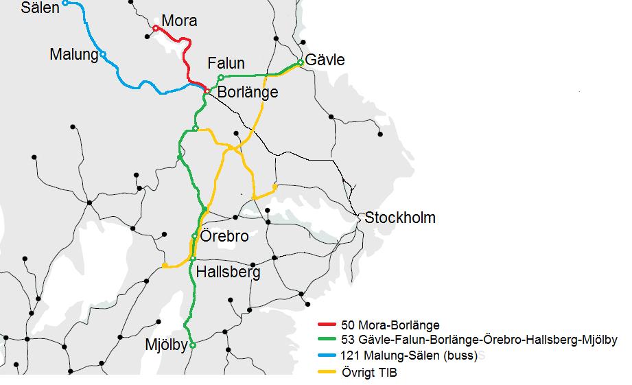 Bild 1 Karta över trafiksystemet Tåg i Bergslagen 1.2 Vad avgör om Trafikverket ska engagera sig i viss kollektivtrafik?