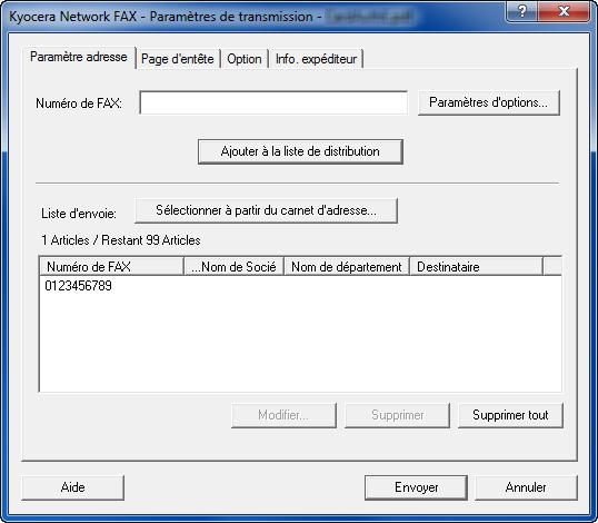 Envoi de fax à partir d'un ordinateur > Transmission de base 6 Définir la destination. Utiliser le clavier pour entrer le numéro du fax de destination dans l'onglet [Paramètre adresse].