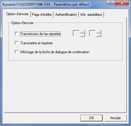 Envoi de fax à partir d'un ordinateur > Transmission de base Boîte de dialogue Paramètres par défaut En définissant les conditions de transmission les plus utilisées dans cette boîte de dialogue, il