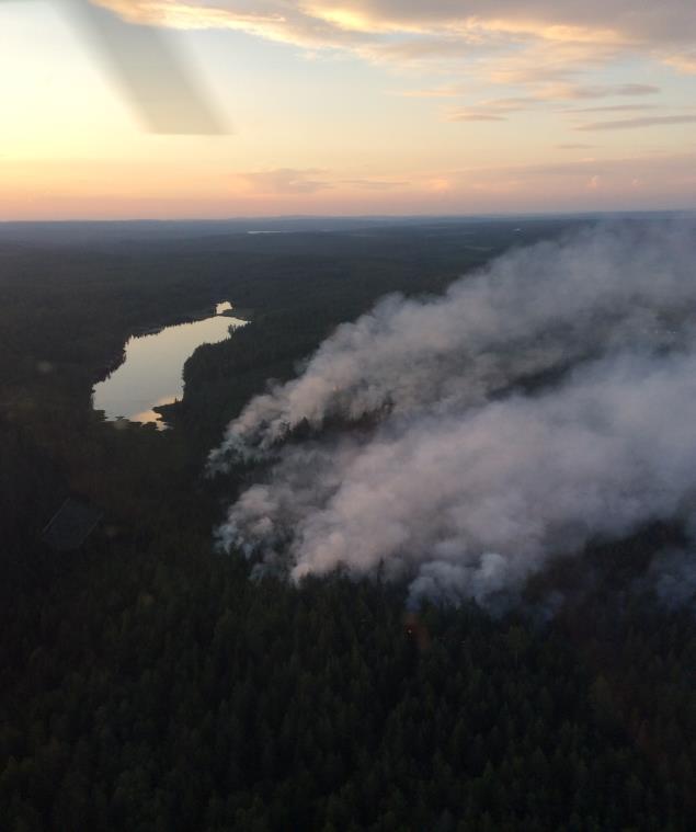 Figur 4 Branden från ovan, söndag kväll Källa: Ola Magnusson Måndag den 25 juli. Ett intensivare arbete med begränsning och släckning av branden påbörjas på måndagens morgon runt klockan 06.