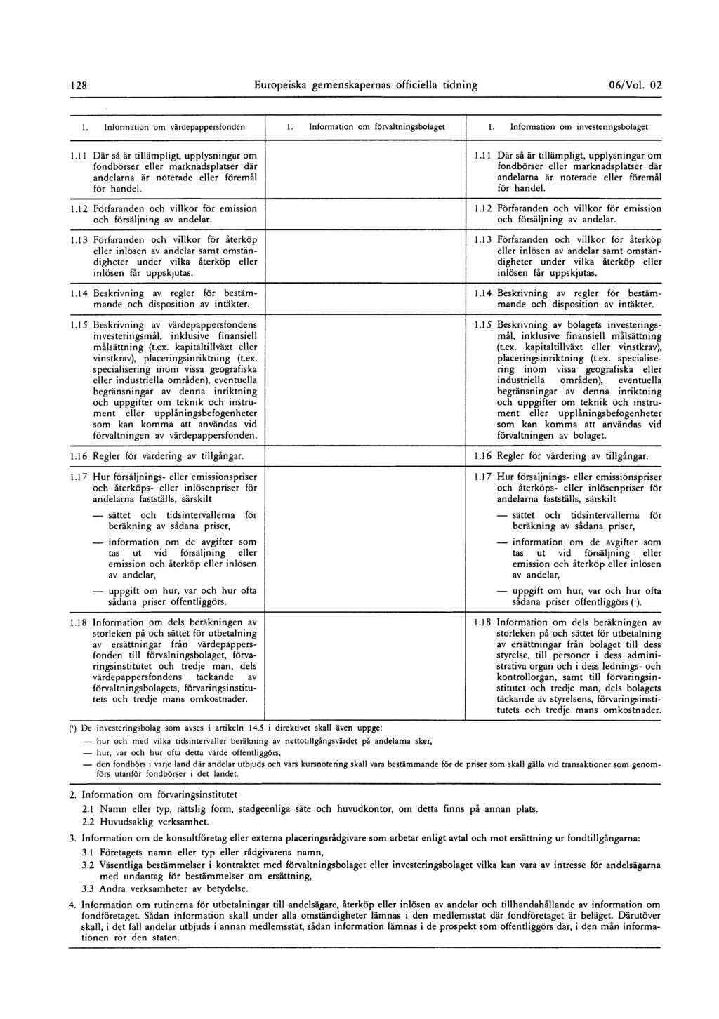 128 Europeiska gemenskapernas officiella tidning 06/Vol 02 1 Information om värdepappersfonden 1 Information om förvaltningsbolaget 1 Information om investeringsbolaget 11 1 Där så är tillämpligt,